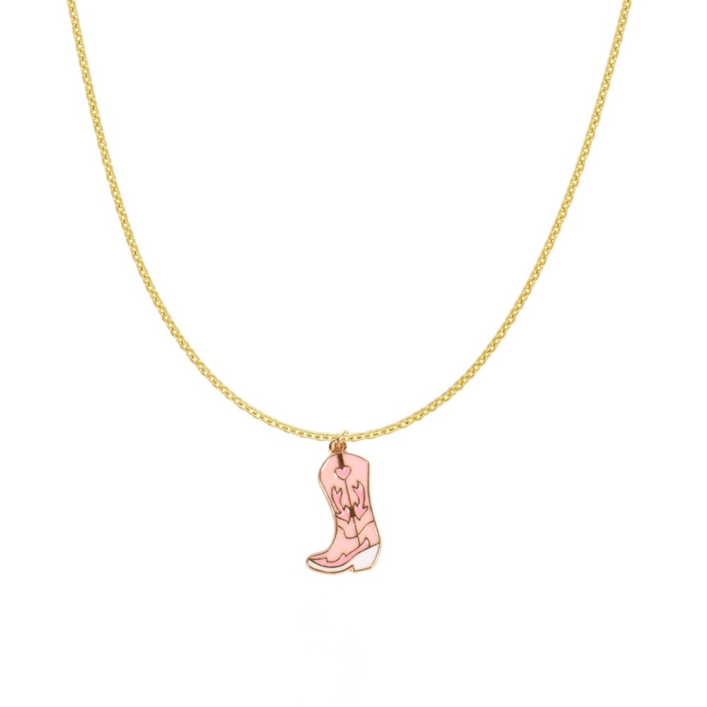 Pink Cowgirl Boot Gold Charm Necklace